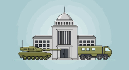 Obraz premium Military Vehicles and Government Building Illustration