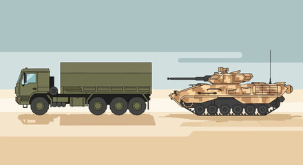 Obraz premium Military Vehicles: Truck and Armored Tank on Desert Background
