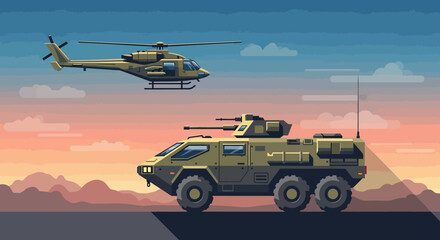 Obraz premium Military vehicles and helicopter against sunset sky, digital art