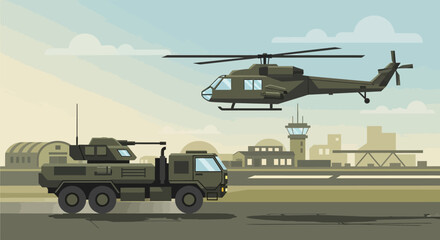 Obraz premium Military Vehicles and Helicopter at Airbase, Vector Illustration