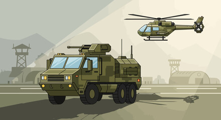 Obraz premium Military vehicles and helicopter on airfield, illustration