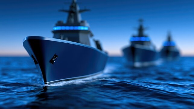 Naval ships sailing in dark blue ocean at dusk
