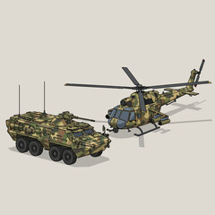 Obraz premium Military Vehicles: Armored Personnel Carrier and Attack Helicopter in Camouflage