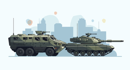 Obraz premium Military Vehicles: Armored Personnel Carrier and Tank Against Cityscape