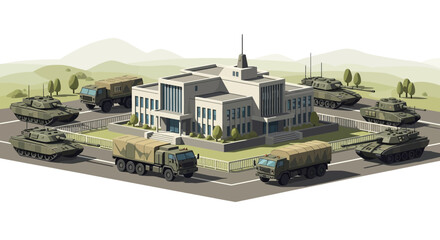 Obraz premium Military Vehicles Around Government Building Illustration