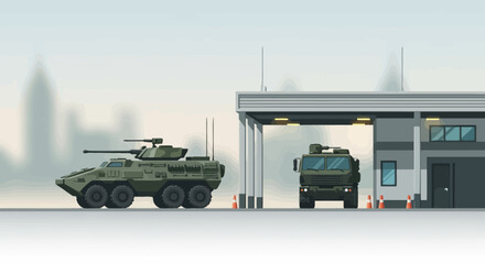 Obraz premium Military Vehicles at Entry Point: Armored Trucks, Defense Logistics, Surveillance Base