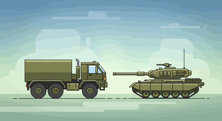 Obraz premium Military Vehicles Cartoon Illustration - Tank and Truck