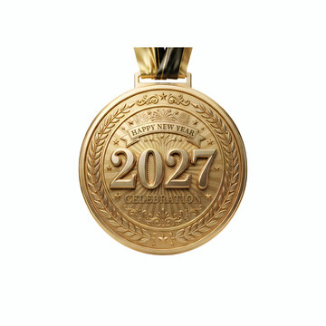 A majestic gold medal, boldly inscribed with "Happy New Year 2027 Celebration" and intricate decorative elements, suspended by a luxurious gold and black ribbon, symbolizing future triumphs, festive 