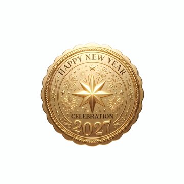 A beautifully crafted gold emblem, intricately designed with a central star, radiating fireworks, and the celebratory inscription "Happy New Year Celebration 2027," symbolizing joy, prosperity, and fu