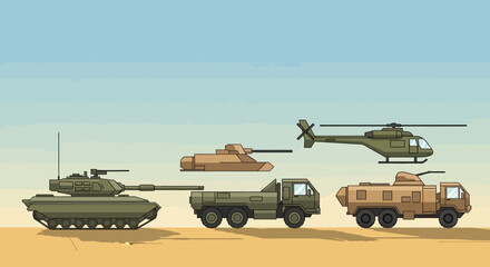 Obraz premium Military Vehicles Illustration: Armored Tank, Helicopter, Trucks in Desert