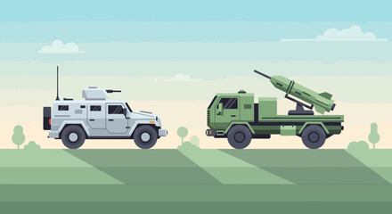Obraz premium Military Vehicles Illustration: Armored Car & Missile Launcher