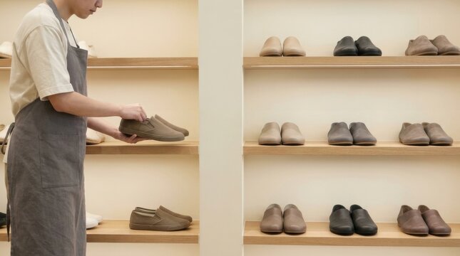 Shoe Store Employee Arranging Casual Footwear on Minimal Retail Shelves