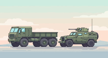 Obraz premium Military vehicles illustration: truck and armored car graphic