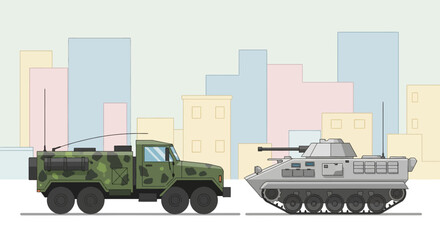 Obraz premium Military Vehicles in Cityscape: Armored Truck and Tank Illustration