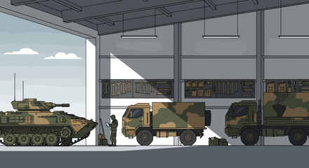 Obraz premium Military Vehicles inside a Storage Facility - Vector Illustration