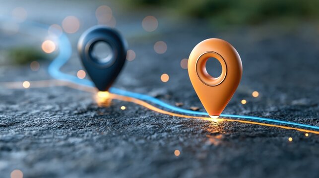 Navigation pins on textured surface with glowing path