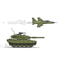 Obraz premium Military Vehicles: Tank and Fighter Jet Illustration