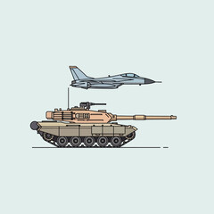 Obraz premium Military Vehicles: Tank and Fighter Jet Against Clear Background