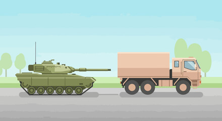 Obraz premium Military Vehicles: Tank and Cargo Truck Illustration