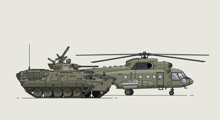 Obraz premium Military Vehicles: Tank and Helicopter Illustration