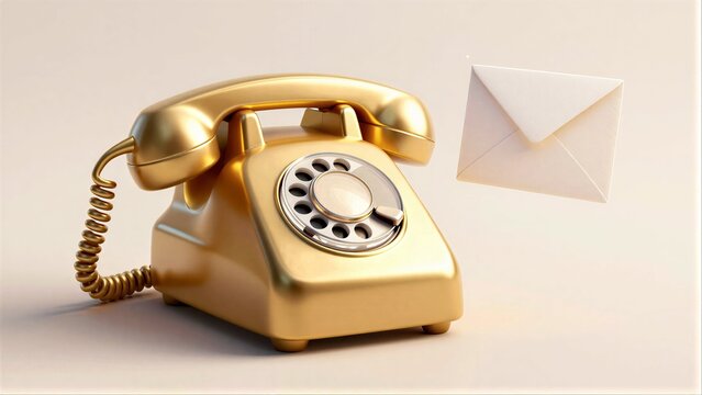 Golden rotary phone beside an envelope, symbolizing vintage communication.