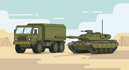 Obraz premium Military Vehicles: Tank and Transport Truck in Desert Landscape