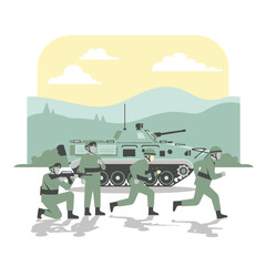 Obraz premium Modern Army soldiers advancing with tank, military operation, battlefield