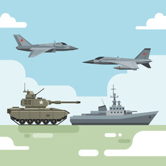 Obraz premium Modern military vehicles: fighter jets, tank, warship in flat graphic style