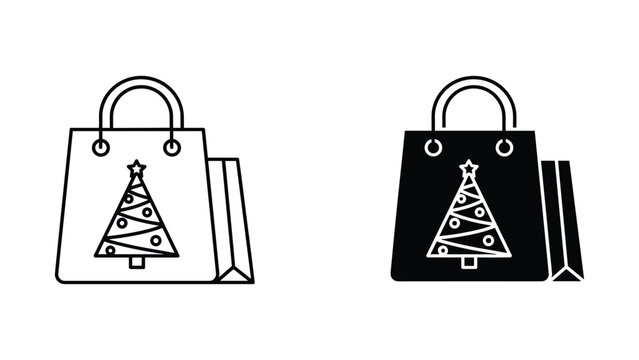 Shopping bag with Christmas tree print icon in two vector style versions