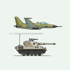 Obraz premium Modern Military Battle Jet and Tank - Flat Vector Illustration