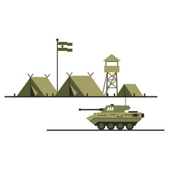 Obraz premium Minimalistic Military Camp Scene with Tank, Tents, and Observation Tower