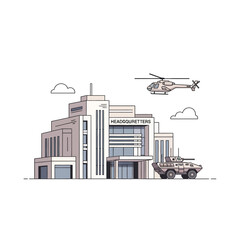 Obraz premium Modern military headquarters building with armored vehicle and helicopter