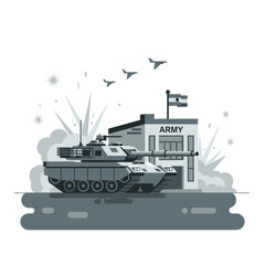 Obraz premium Modern Army Tank at Base with Fighter Jets Flying Overhead