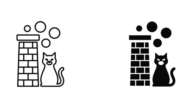 Black cat sitting by a brick chimney icon set for Halloween