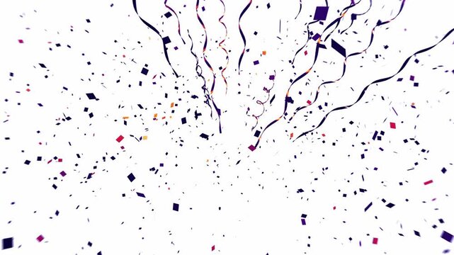 Purple and red metallic confetti squares and curling serpentine ribbons fall against an isolated white backdrop in a 3D animation