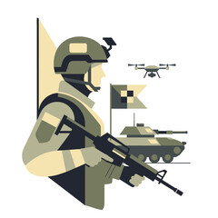 Obraz premium Modern Soldier, Drone, and Tank - Military Technology Concept