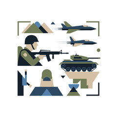 Obraz premium Modern Military Forces: Soldier, Jets, Tank - Flat Illustration