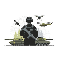 Obraz premium Modern Military Soldier, Drone, Helicopter, Fighter Jet, Tanks - Vector Art