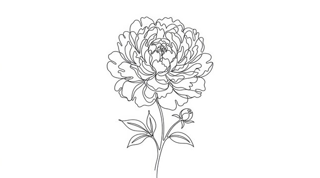 Minimalist continuous line art drawing of a beautiful peony flower in a detailed stock style isolated for creative design work.