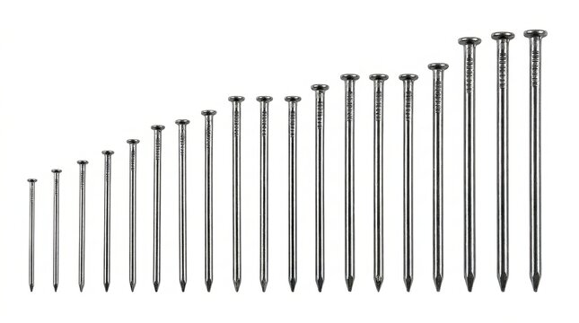 Row of galvanized steel nails in various sizes arranged by height on a white background