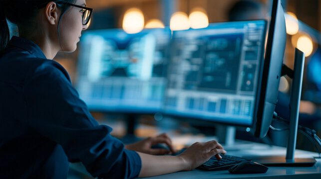 Over-the-shoulder shot of a faceless engineer working with CAD software, screen showing technical details and drawings, with copy space
