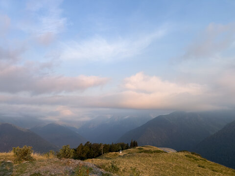 Pyrenees mountains landscape with morning clouds, Saint Aventin, France