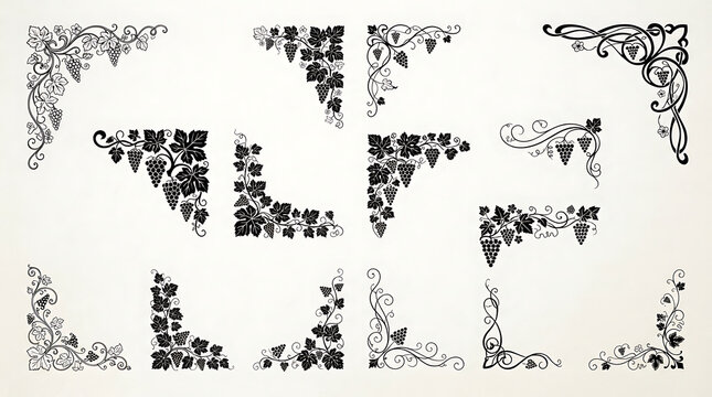 Vintage grape vine corner flourishes for decorative frame design