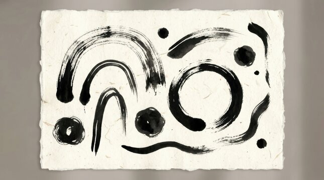 Minimalist Japanese style sumi e brush ink abstract artwork on textured paper. A detailed widescreen artistic composition.