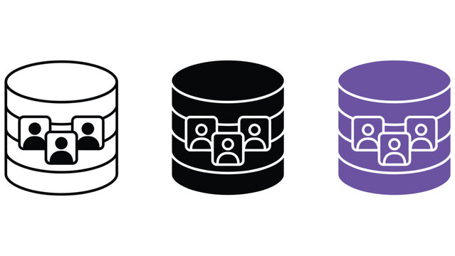 Three variations of a database server with user profile avatars, featuring outline, solid black, and purple filled