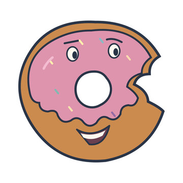 Bitten pink frosted doughnut with a brave smiling face