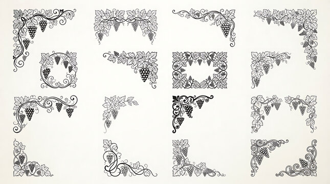 Vintage grape vine corner borders and frames for elegant menu design