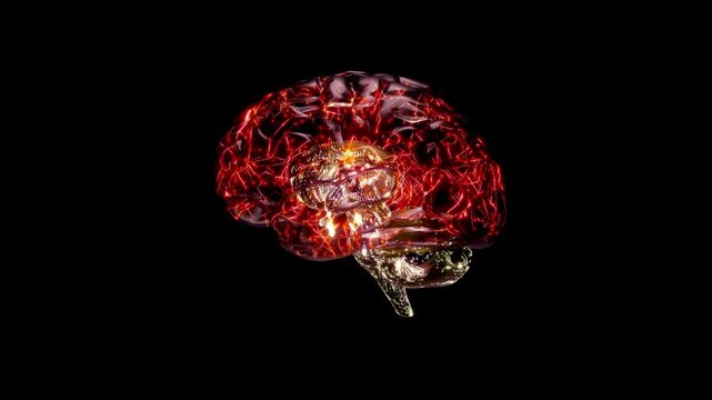 Brain digital color. Featuring internal electrical circuit-like lines Simulation of neuronal communication. Futuristic medical technology concept. Animation Seamless loop, 3D Render.