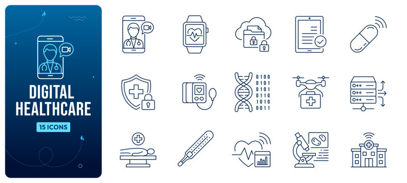 Digital Healthcare Thin Line Icon Set with Telehealth Smart Watch Medical Drone and Electronic Records