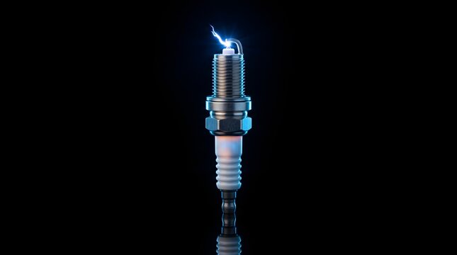 A single spark plug with a bright blue spark arcing across its electrodes.